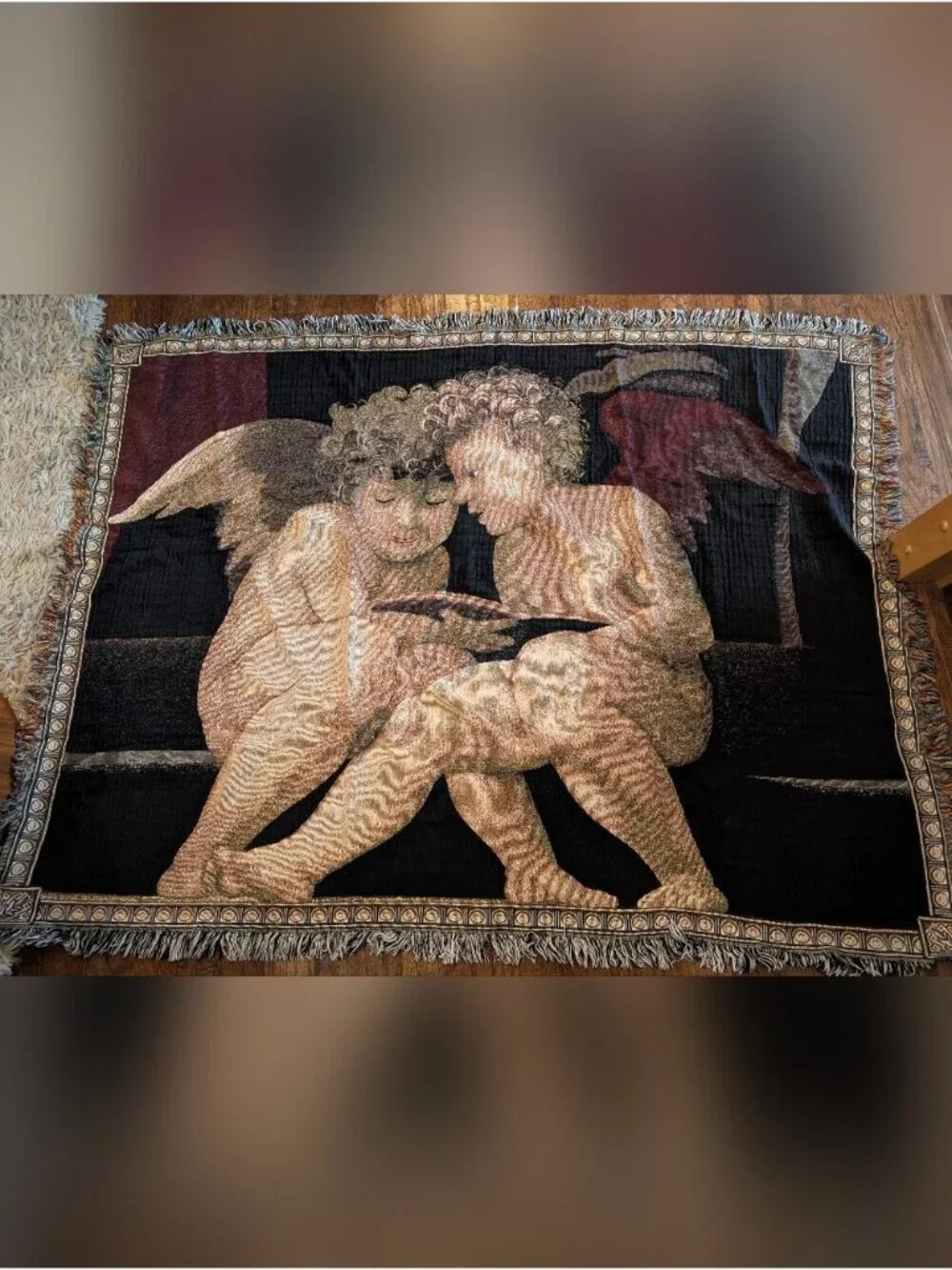 Chatam Vintage Tapestry Throw Cherub Angels Rosso Fiorentino artist 100% Cotton